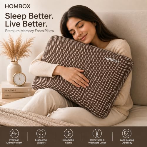 Image of HOMBOX Orthopaedic Memory Foam Pillow for Better Shoulder and Neck Support, 1 Piece (Queen Size, 22x16 inches, White /Grey Fabric Queen Size (Brown)