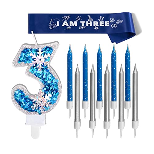 Birthday Number Candle Set Blue Snowflake Candle 3 with 10 Count Party Long Thin Cake Candles and Birthday Sash 3rd Birthday Gifts for Girl Women Frozen Party Decoration