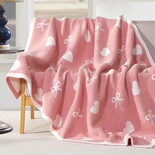 Image of Elegant Comfort Valentine's Day Knit Throw Blanket, Hearts and Bows Super Soft Cozy Fluffy Warm Throw Blankets for Couch, Sofa, Chair, Bed, Camping, Picnic, Travel Lightweight Bed Blanket (50 inch x 70 inch)