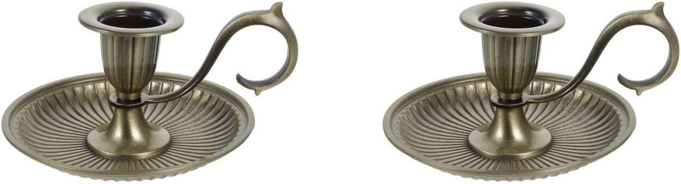 Healifty 2pcs Metal Taper Candle Holders Vintage Bronze Candlestick Holders with Handle for Antique Decor Wedding Dinner Centerpiece Christmas Halloween Decor