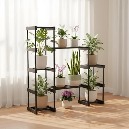 Image of KYARI 7 Tier Metal Plant Stand - Heavy Duty Black Powder Coated Vertical Plant Rack | Rust-Proof Multi Layer Flower Pot Stand for Balcony, Living Room & Outdoor Use (DIY Assembly Required)
