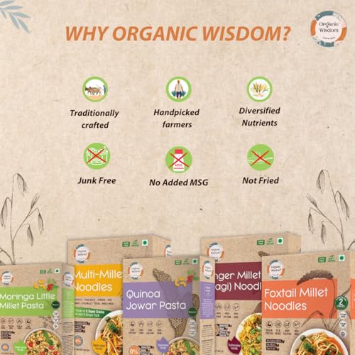 Image of Organic Wisdom Back to Roots Super Saver Pack of 6 | Millet Noodles 384g Each & Millet Pasta 180g Each | No Maida, MSG or Refined Oil | High in Protein, Vitamin B, Antioxidants & Fiber | Tastemaker Inside