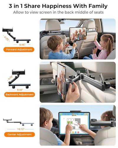 Image of Tablet Holder for Car, 3 in 1 Extension Arm Adjustable Car Headrest Tablet Holder Road Trip Essentials Back Seat Tablets Cars Mount Compatible with iPad Pro, Air, Mini, 4.7-11 inch Devices