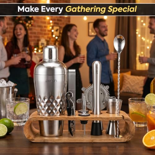 Image of O' Holic By Perch Cocktail Shaker Gift Set|10-Piece Stainless Steel Bartender Kit with Mango Wooden Stand|Accessories for Home Bar|Gift Box for Winters, Birthday, Wedding,Anniversary, Christmas|Silver