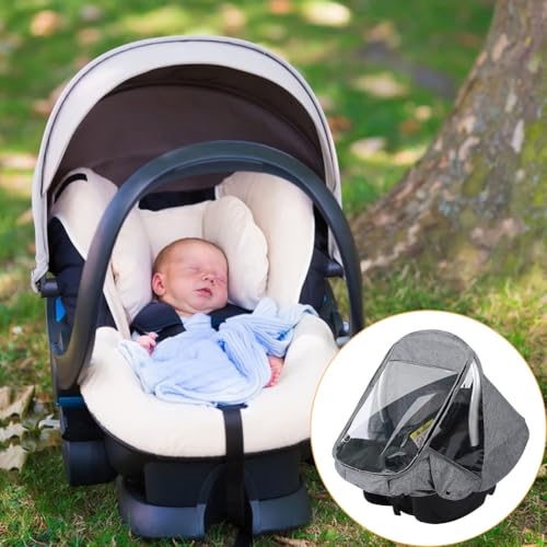 Universal Regenschutz für Babyschale, Baby Autositz Regenschutz, Transparent Regenverdeck Babyschale, Komfort Regenschutz Babyschale, mit Einfacher Zugang Rolltor, Trageöffnung und Luftlöchern (Grau)