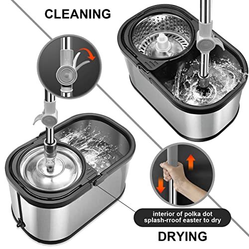Spin Cycle Mop Bucket System Stainless Steel Bucket And Mop Set 360° Rotating Mop For Floor Cleaning With 4 Microfiber Replacement Head Pad,Adjustable Stainless Steel Mop Handle #TOP5