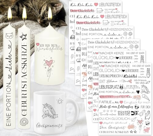 Tixlux 6 PCS Kerzentattoo Wassertransferdruck (200+ Muster), Wasserschiebefolie kerzen | Kerzenaufkleber | Kerzen dekorieren | Gedenklicht | Meditationskerze | Geburtstagskerze (Entspannen)