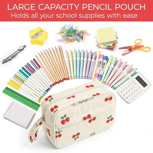 Image of WOBAGMEN Cute Pencil Case,Large Corduroy Zippered Pencil Case Pouch, Aesthetic Pencil Bag with Compartments, Pencil Pouch School Supplies (Cherry Polka Dots)