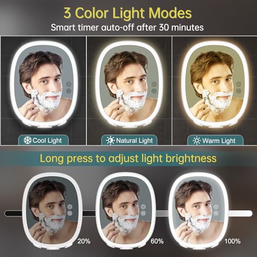 Image of Heated Shower Mirror Fogless for Shaving, 5000mAh Rechargeable Lighted Shaving Mirror 3 Color Dimming Lights Anti-Fog Shower Mirror with Light 360Rotation Fog Free Shower Shaving Mirror for Men