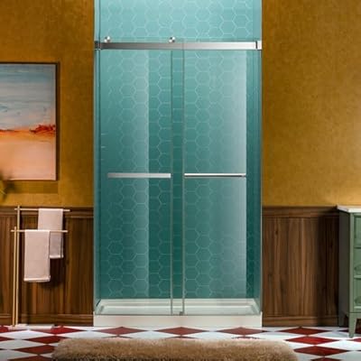 Woodbridge 44-48" W x 80" H Frameless Double Sliding Shower Door with Tempered Glass & Explosion Proof Film in Brushed Nickel Finish