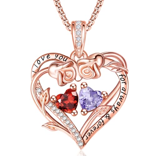 JIYVY32 Rose Gold Plated Garnet & Alexandrite Birthstone Heart Necklace