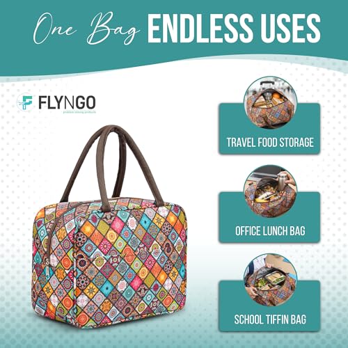 Image of FLYNGO Large Insulated Lunch Bag for Office, School, Women, Men, Tiffin Pouch Bag, Hot & Cold Lunch Box Bags for Boys, and Girls (Orange Mandala)