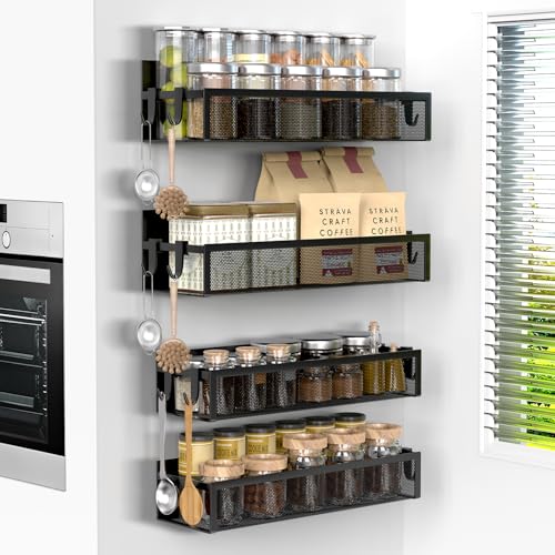 Averrex Magnetic Spice Rack for Fridge 4 Pack Strong Magnetic Shelf with 8 Hooks No Driling Kitchen Storage Rack Metal Spice Organiser Moveable Shelves for Home Kitchen Laundry Room