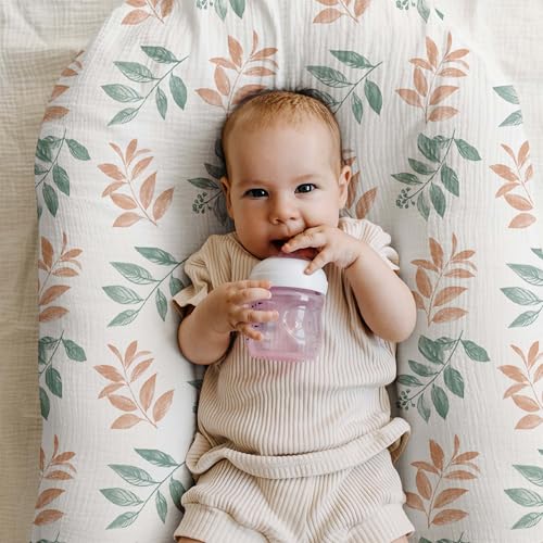 Image of Muslin Bassinet Fitted Sheets 2 Pack, Soft Breathable Cotton Baby Bassinet Mattress Sheet Set, 360 Elastic Snug Fit, Universal for Oval, Rectangle (Green Leaf, Bassinet Sheets 2 Pack)