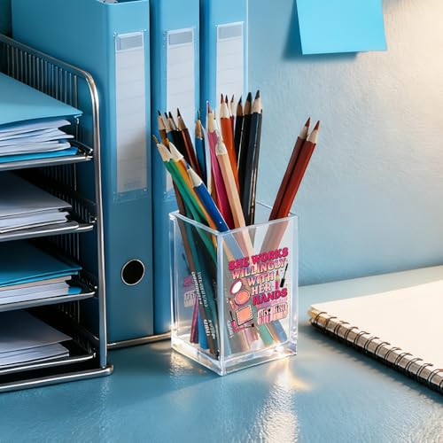Image of She Works Willingly With Her Hand Acrylic Cosmetic Holder, Inspirational Makeup Brush Holder Gifts, Christian Bible Verses Gifts for Cosmetologist, Bathroom Vanity Storage for Makeup Brushes