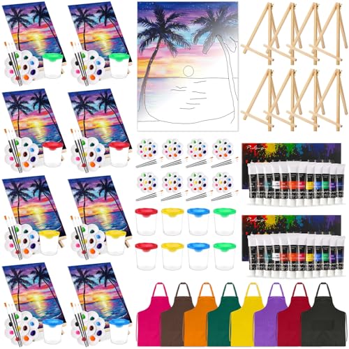 Cholemy 8 Set Paint and Sip Kit for Adults 8'' x 10'' Pre Drawn Canvas with Wooden Easels Acrylic Paint Brushes Wash Cup Palette Apron for Painting DIY Date Night Party Supplies(Sunset)