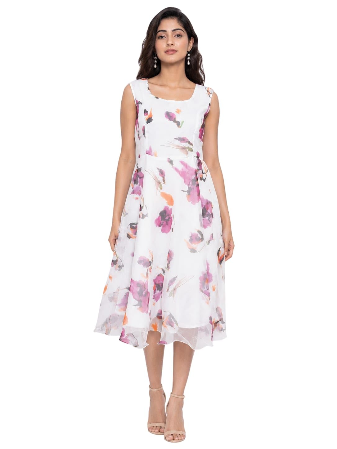 Tanish Style Women's Midi Dress | Pastel Floral Print | Midi Organza Dress | Open Tie Back | Sleeveless White with Purple Flowers Style | Fit A-Line Midi Gown-picture-38