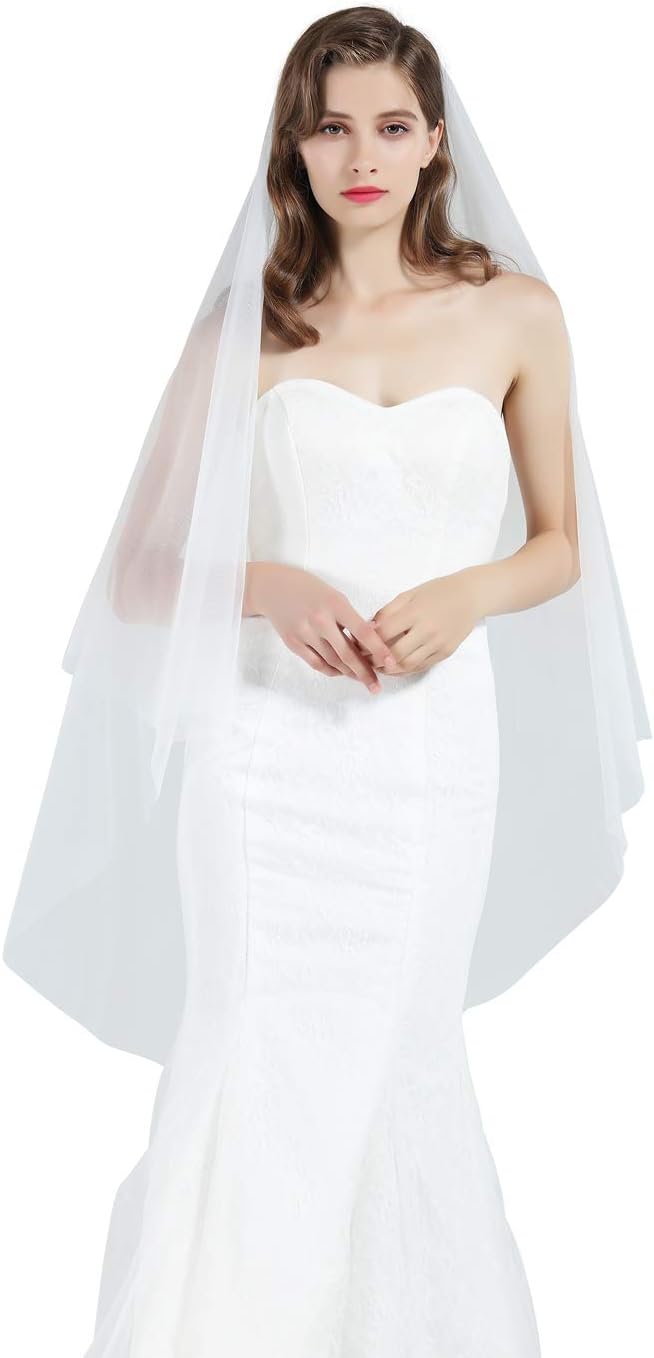 BEAUTELICATE Bridal Wedding Veil 2 Tier For Women Cut Edge Knee Chapel Length With Comb Ivory White