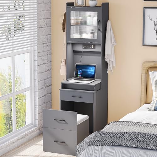 JDPAG Vanity Desk with Mirror and Lights, Makeup Vanity Table with Jewelry Cabinet and Cushioned Stool, Dressing Table Writing Desk with 3 Color Lighting Modes, Vanity Set for Bedroom, Grey