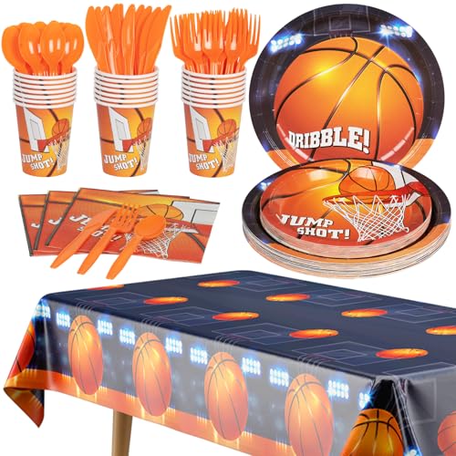 DECORLIFE Basketball Party Supplies, 169 PCS Basketball Plates Napkins Cups Tableware Set, Basketball Birthday Party Decorations for Boys Men Include Tablecloth, Serve 24