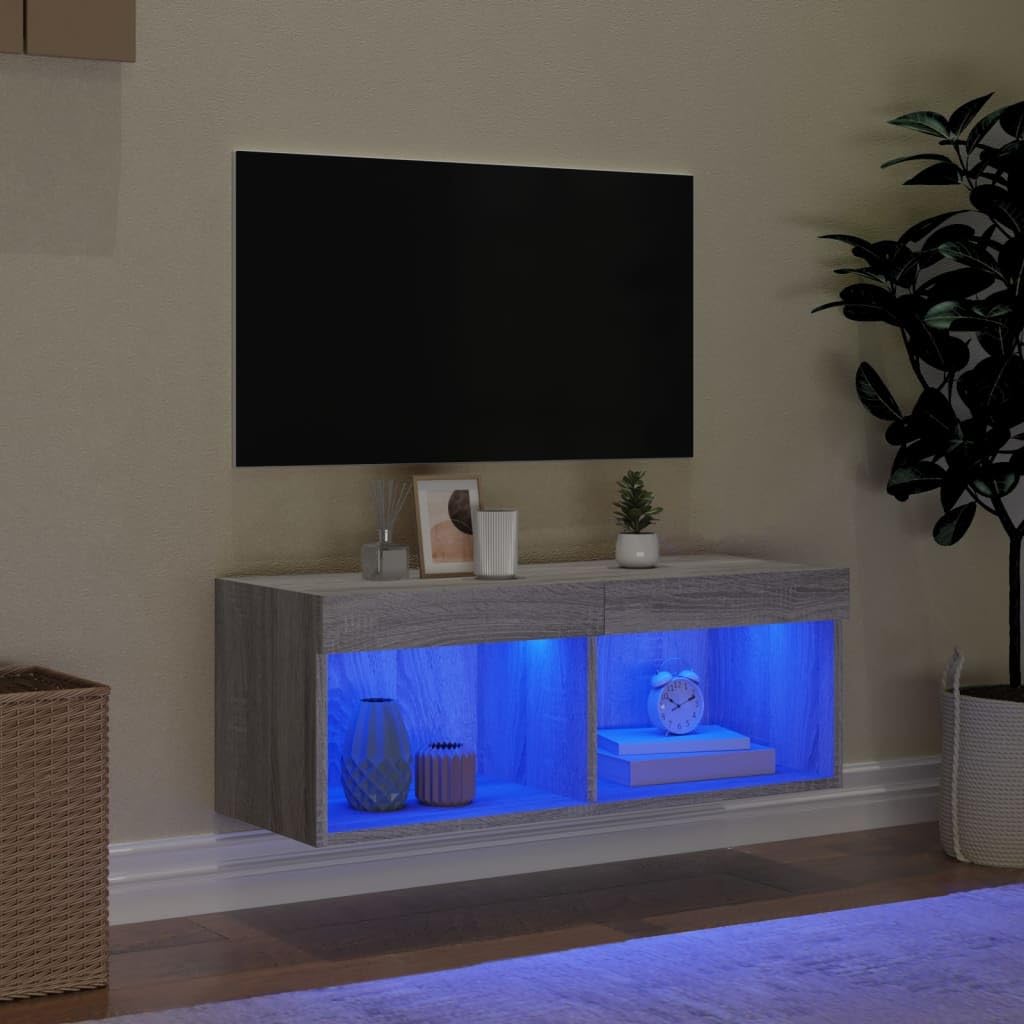 Mobile TV con Luci LED in Legno Ingegnnerizzato, Design Moderno con Spazio Contenitivo, Ideale per Mobili Soggiorno e Credenza Soggiorno, adatto a Salotto e Camera, Grigio Sonoma, 80x30x30 cm