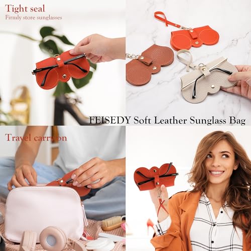Image of FEISEDY 2Pack Soft Leather Sunglass Bag, Portable Holder Eyeglasses Case | Lightweight Portable Design, With Button Clip Wrist Strap for Travel Daily Use B0049