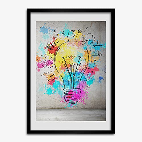 Peinture décoratif ampoule colorée avec cadre en bois moderne format 50x70