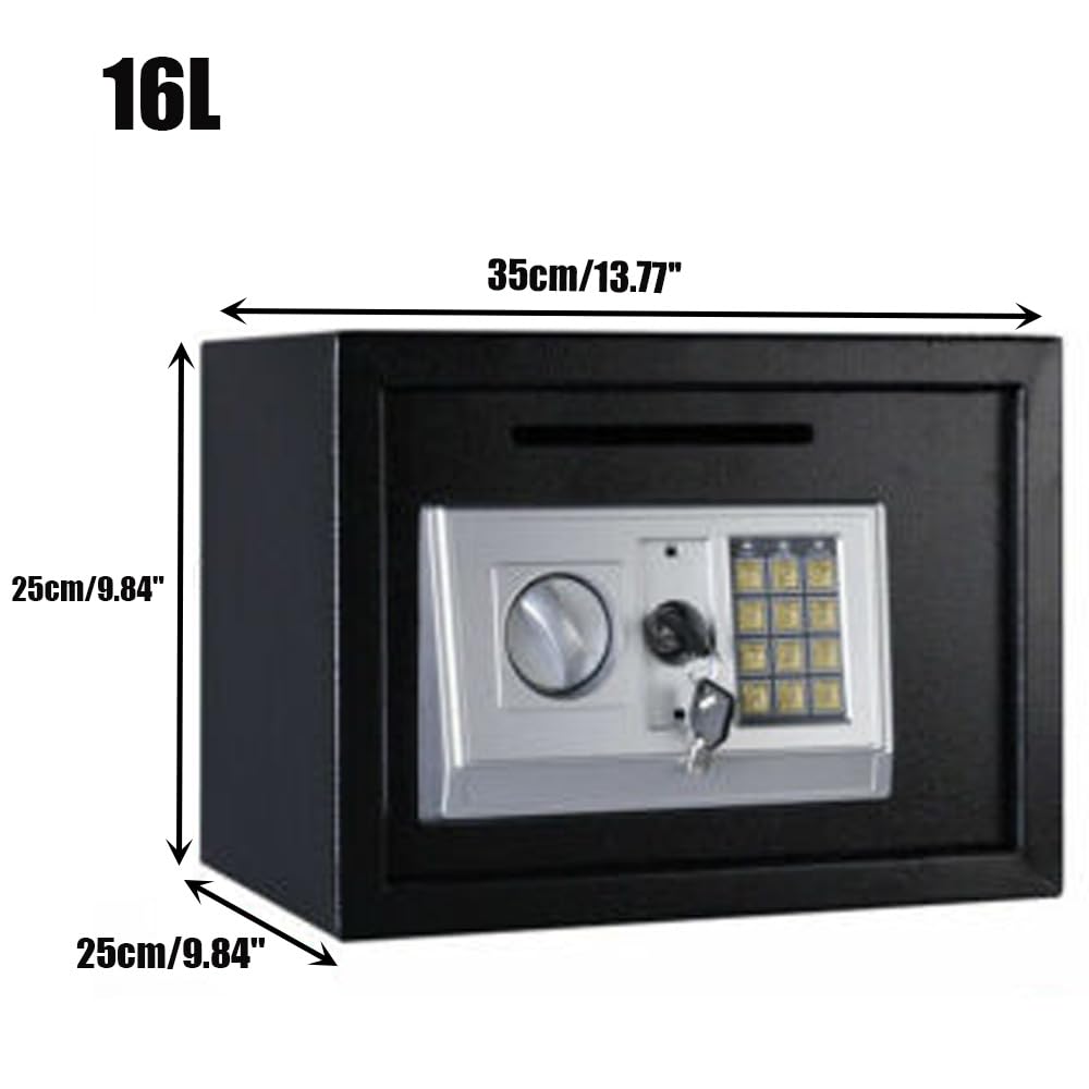 Caja Fuerte electrónica Digital de Acero para el hogar, Caja Fuerte de Alta Seguridad para Dinero en Efectivo, con Cerradura para 2 Llaves, Color Negro, 8,5 L, 310 x 200 x 200 mm (Negro, 16 L, 350 x