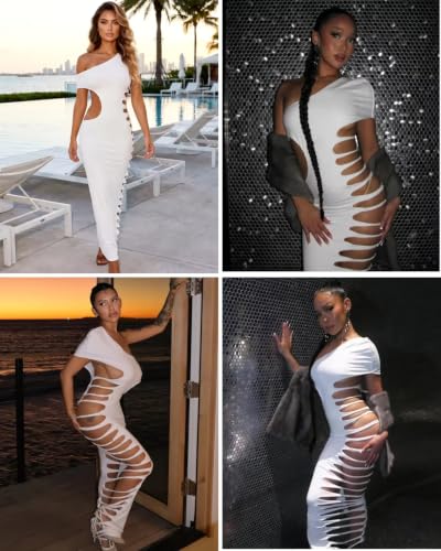 Image of Women's Sexy Sleeveless Hollow Out Maxi Dress Tassel See Through Backless Bodycon Party Club Long Dress