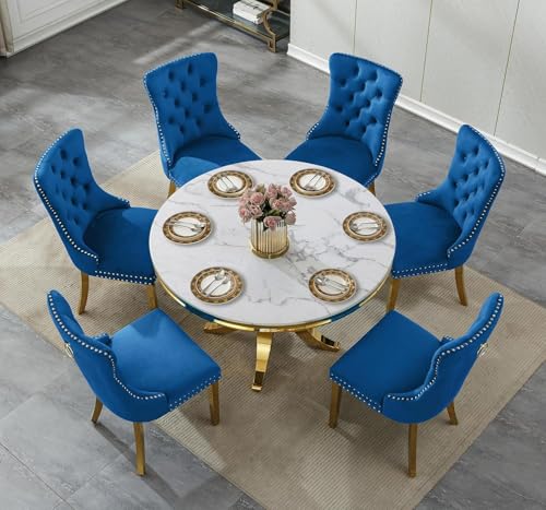 Image of 7-Piece Round Dining Table Set for 6, 45 inch Faux Marble Kitchen Tables Set with 6 Blue Tufted Chairs, White Gold Circle Dining Table with Steel American-Base, Round Dining Room Table Set for 6