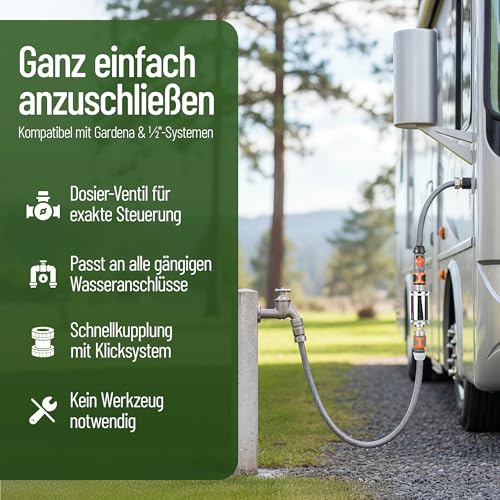Wasserfilter Camping Wohnmobil, Wohnwagen Explorer | Keimsperre | Medizintechnik | Sauberes Trinkwasser unterwegs | Befüllfilter für Frischwassertank | Komplettset | bis 8 Liter/Minute | Silber
