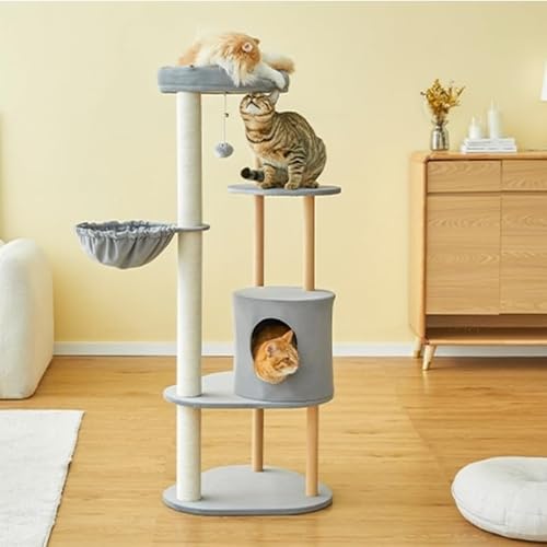 キャットタワー 天然木 オールシーズン素材 木製 133cm お掃除楽々 猫ハウス 猫ベッド 爪とぎ 遊び場 運動不足 おしゃれ 可愛い スリム 省スペース 据え置き ライトグレー