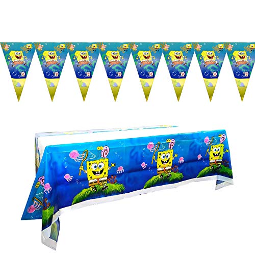 1 PCS Spongebob Plastic Tablecloth Tablecovers and 1PCS Banner for Spongebob Themed Birthday Party Decorations Supplies for Kids