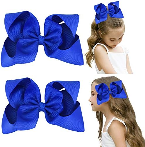 DEEKA 2 PCS 6" Big Hand-made Grosgrain Ribbon Solid Color Hair Bows Alligator Clips Hair Accessories for Little Teen Toddler Girls Kids Set of 2 -Royal Blue