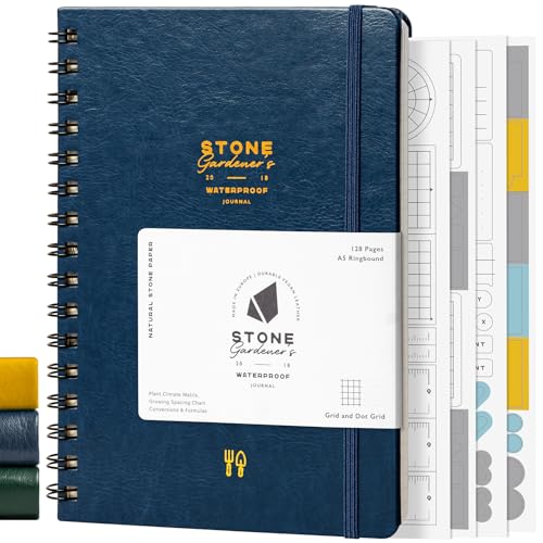 Stone Weatherproof Journal Gardening Notebook A5 Ring-Bound Vegan Leather Cover Waterproof Paper 128 Pages Half Grid & Dot Grid Garden Planner with Plant-Spacing Resources (Navy Blue)