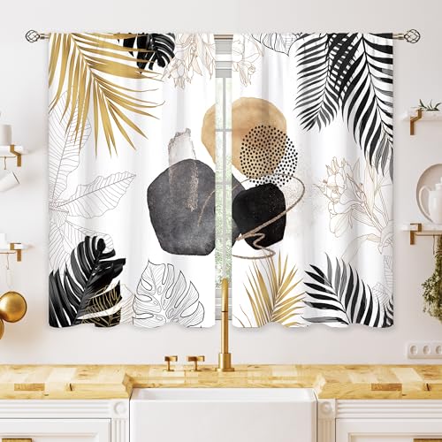 oolygoo Abstract Black and Gold Leaves Small Kitchen Curtains Boho Leaf Palm Window Treatment Botanical Mid Century Modern Cafe Short Curtains for Bathroom Dining Room Tier Treatment Drapes 27.5"x39"