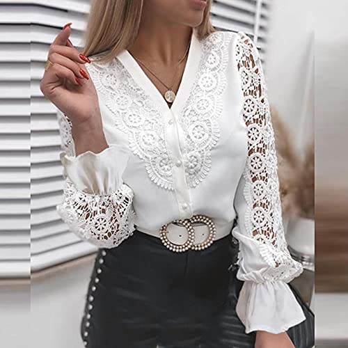 Masrin-Damen-Hemd-Elegante-modische-Patchwork-Tops-mit-ausgehoehlter-Spitze-Langaermlige-Rollkragen-Bluse-mit-Applikationen-Weisse-Partykleidung