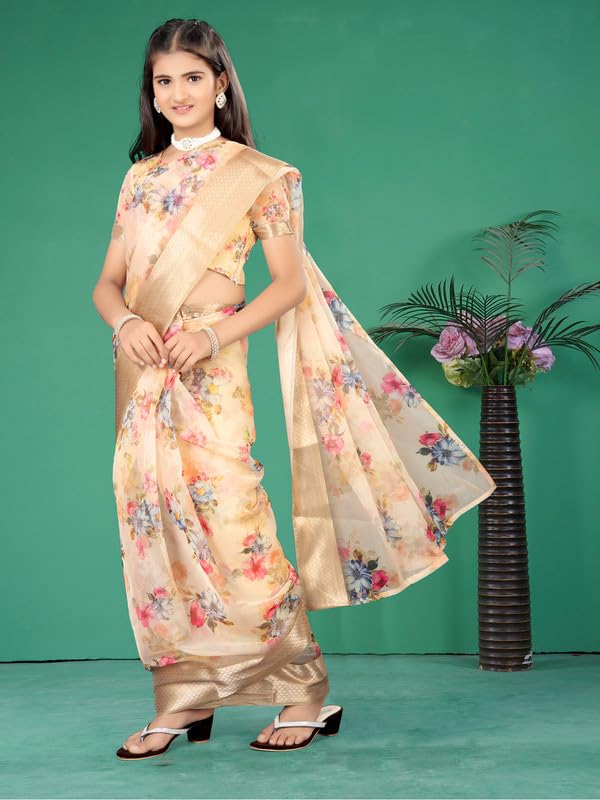 Xavima Floral Print Kids Saree for Girls | Ready to Wear Ethnic Saree with Unstitched Blouse Piece | Lightweight Wedding, Festival, Navratri & Cultural Wear | Yellow 1