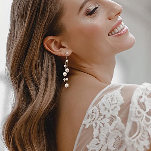 EleQueen Simulated Pearl Ball Dangle Earrings for Women, Cubic Zirconia Long Chain Jewelry for Wedding Party3