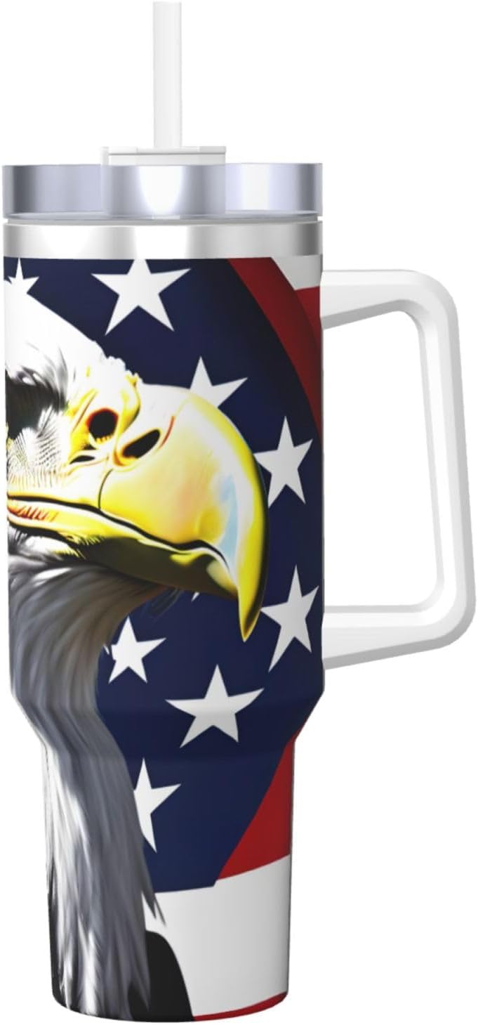 40 OZ Bald Eagle Flag Print Ice Bully Cup with Handle Straw Lid Straw,Stainless Steel Tumbler Coffee Cup