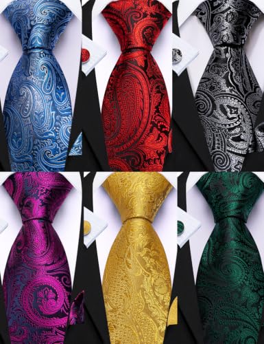 Image of Barry.Wang 6 PCS Men Ties Set Silk Business Fashion Woven Necktie Handkerchief Cufflinks Paisley Stripe Wedding Party