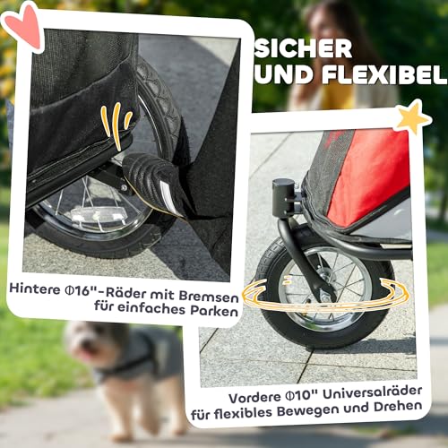 PawHut Hundewagen Hundebuggy mit Netzfenstern, Klappbarer Katzenwagen mit Sicherheitsleine, große Gummiräder für Mittelgroße, Große Hunde bis 30 kg, Oxford, Rot