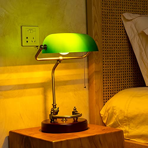 Nusran Green Glass Bankers Desk Lamp With Solid Birch Wood Base, Antique Vintage Desk Lamp For Home Office Desk Lamp Piano Lamp Light, Retro Library Lamp Desk Light Table Lamp With Pull Chain thumb #5