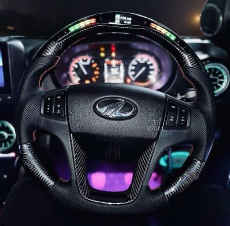 Image of KMH Premium Black Steering Wheel Compatible with Mahindra Old Thar 3 Door - Sporty Look, Enhanced Grip & Fit Plug and Play Car Interior Accessories (Real Carbon with LED)