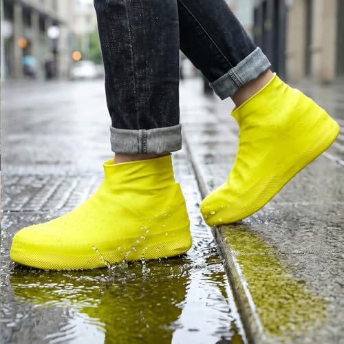 1 Pair Waterproof Shoe Covers, Reusable Latex Overshoes with Non-Slip Sole for Rain Outdoor, Yellow L