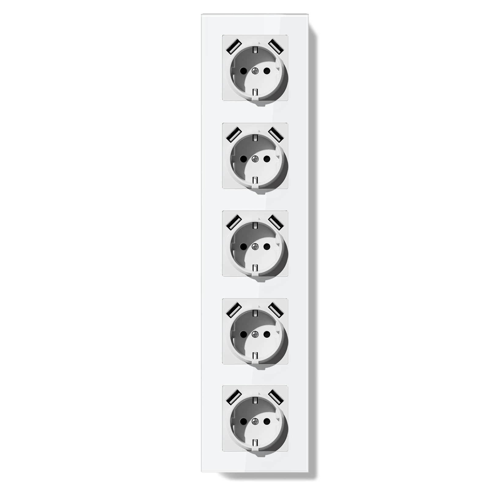 gniazdo Schuko z USB-A podtynkowe 86 * 370mm, gniazdo EU 16A z ramką ze szkła, 2 USB typu F z uziemieniem, łatwa instalacja (zaczepy składane), 5-funkcyjne białe