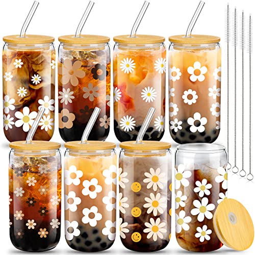 Meekoo 8 Pcs Glass Cups With Lids And Straws 16 Oz Beer Can Shaped Iced Coffee Cup Reusable Pattern Cute Cups Glass Coffee Tumbler Coffee Glasses Drinking Glasses For Wine Tea Water (Daisy) #TOP28