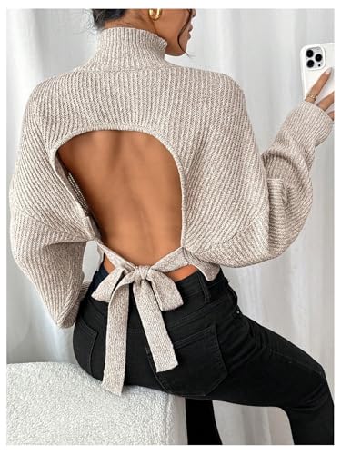 GORGLITTER Women's Open Back Sweater Cropped Backless Bow Long Sleeve Mock Neck Pullover Top Fall Trendy 20253