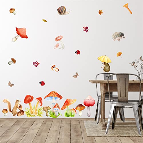 Watercolor Mushroom Wall Decals Woodland Mushroom Wall Decals Colorful Mushroom Wall Stickers Cute Cartoon Animal Wall Stickers Fall Leaf Autumn Wall Decals For Kids Room Bedroom Nursery Classroom Decor #TOP1