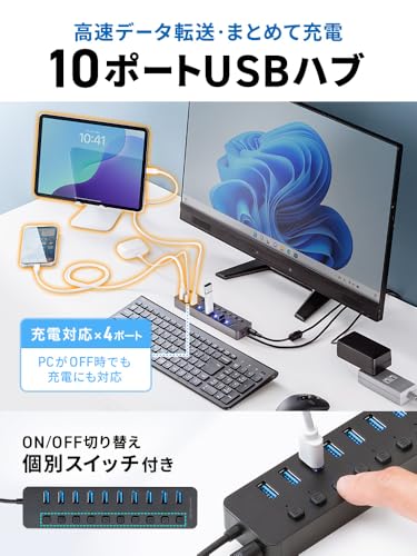 イーサプライ USBハブ 10ポート ACアダプタ付 1.5m 個別スイッチ USB3.2 Gen1 高速転送 5Gbps セルフパワー 充電 データ通信 アルミ製 放熱 EEX-HBA01BK